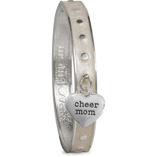 Cheer Mom White Enamel Bangle Bracelet with Heart Charm