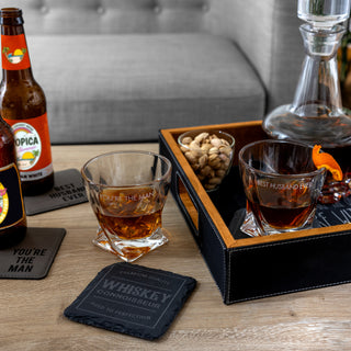 Husband Wooden Gift Box with  Rocks Glass and Slate Coaster