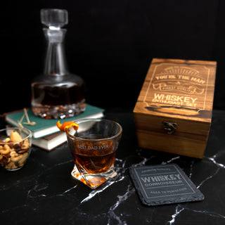 Dad Wooden Gift Box with  Rocks Glass and Slate Coaster