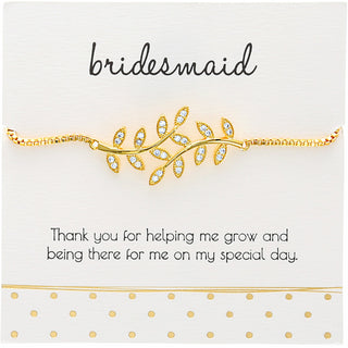 Bridesmaid - White Zircon Leaf Gold Plated Adjustable Bracelet