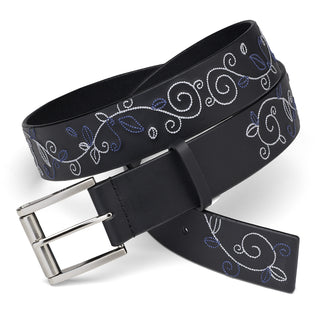 Blue & White Stitched Belt 43" Black Leather