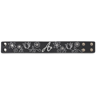 "A" Floral Stitched Bracelet 8.5" Leather & Gemstone