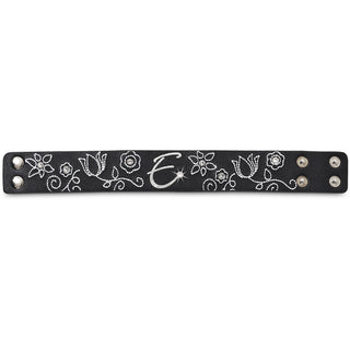 "E" Floral Stitched Bracelet 8.5" Leather & Gemstone