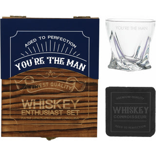 You're the Man Wooden Gift Box with Rocks Glass and Slate Coaster