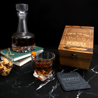 You're the Man Wooden Gift Box with Rocks Glass and Slate Coaster