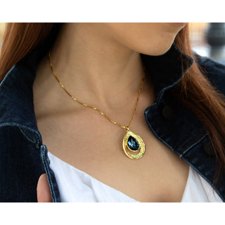 Denim Blue Teardrop 38" 18 K Gold Plated Drawstring Sweater Necklace