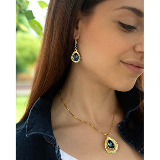 Denim Blue Teardrop 38" 18 K Gold Plated Drawstring Sweater Necklace