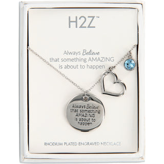 Believe Aquamarine Crystal 16.5"-20.5" Engraved Rhodium Plated Austrian Element Necklace