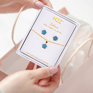 Believe Floral Burst - Aquamarine Zircon 16.5"-18.5" Inspirational 18K Gold Plated Gift Set