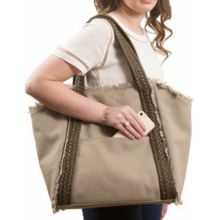 Khaki 19" x 13" Frayed Canvas Handbag