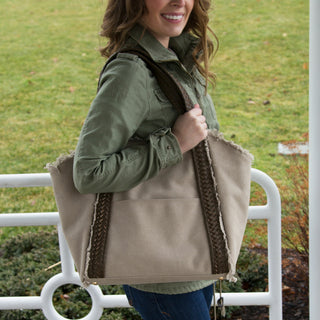 Khaki 19" x 13" Frayed Canvas Handbag