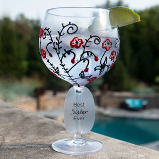 Red Flowers & Swirls 24 oz Hand Decorated Glass