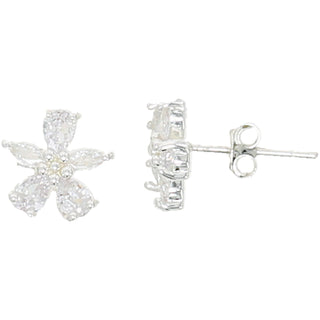 Happy Birthday 10mm Silver-Plated Cubic Zirconia Flower Stud Earrings and 16.5"-18.5" Necklace