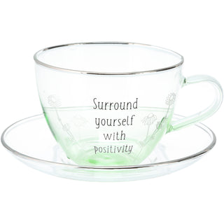 Positivity 7 oz Glass Teacup and Saucer