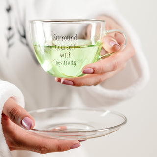 Positivity 7 oz Glass Teacup and Saucer