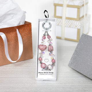 Pink Crystal Wristlet Beaded Hands-Free Silver Wrist Strap