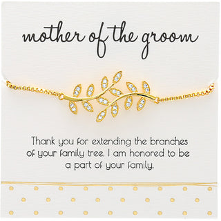 Mother of the Groom - White Zircon Leaf Gold Plated Adjustable Bracelet