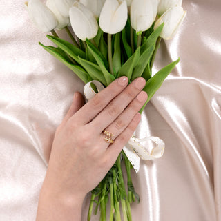 Maid of Honor White Zircon Leaf - Adjustable 14K Gold Plated Ring