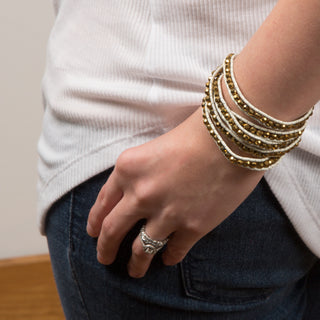 Gold Glamour-Met Gold Glass 35 Inch Metallic Gold Glass Beads w/  White Leather Wrap Bracelet
