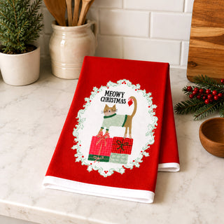 Meowy Christmas Cotton Blend Tea Towel