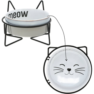 Meow 13 oz Ceramic Pet Bowl with Metal Stand