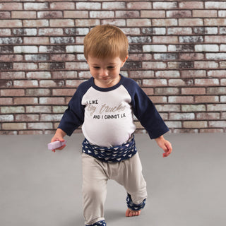 Big Trucks 6-12 Months 3/4 Length Navy Sleeve Onesie
