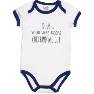 Checking Me Out 6-12 Months Navy Trimmed Onesie