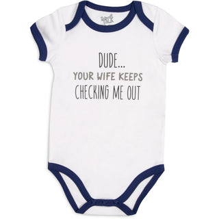 Checking Me Out 6-12 Months Navy Trimmed Onesie