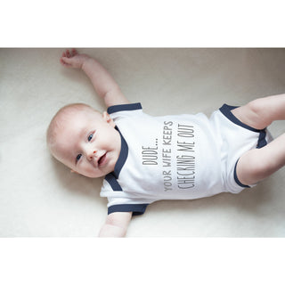 Checking Me Out 6-12 Months Navy Trimmed Onesie