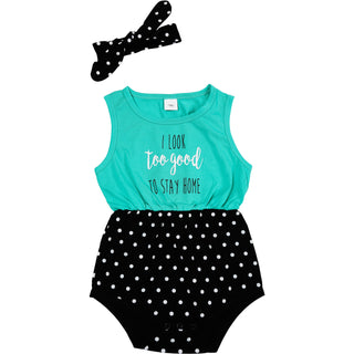 Look Too Good Teal & Black Romper with Headband