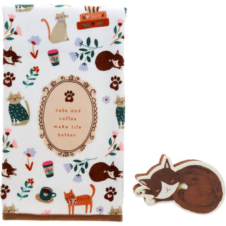 Cats & Coffee Tea Towel & Sponge Gift Set