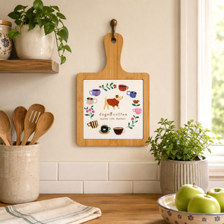 Dogs & Coffee 7.5" Bamboo & Ceramic Tile Trivet