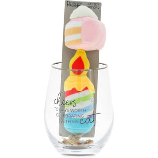 Celebrating Cat 18 oz Stemless Wine Glass & Cat Toy Set