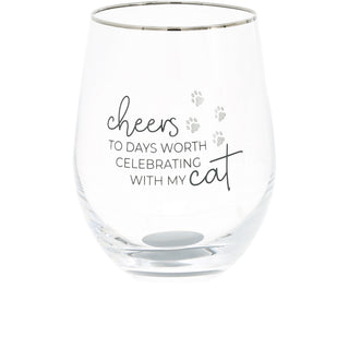 Celebrating Cat 18 oz Stemless Wine Glass & Cat Toy Set