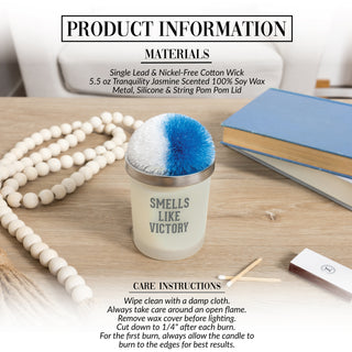 Victory - Light Blue & White 5.5 oz - 100% Soy Wax Candle with Pom Pom Lid
Scent: Tranquility