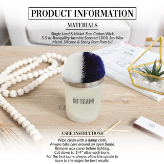 Go Team! - Blue & White 5.5 oz - 100% Soy Wax Candle with Pom Pom Lid
Scent: Tranquility