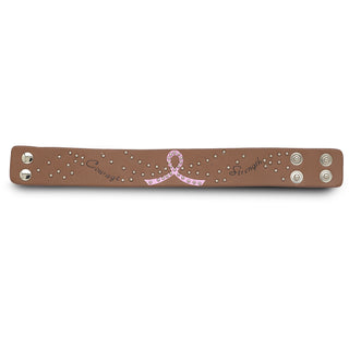 Courage 8.75" Leather Bracelet with Metal Studs and Pink Ribbon to symbolize Breast Cancer Awareness