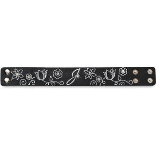"J" Floral Stitched Bracelet 8.5" Leather & Gemstone