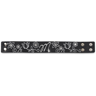 "M" Floral Stitched Bracelet 8.5" Leather & Gemstone
