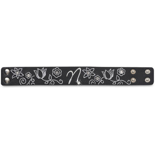 "N" Floral Stitched Bracelet 8.5" Leather & Gemstone