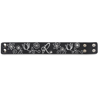 "R" Floral Stitched Bracelet 8.5" Leather & Gemstone