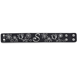 "S" Floral Stitched Bracelet 8.5" Leather & Gemstone