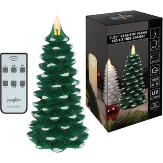 Green Frosted Pine Tree 7.25" Realistic Flame LED Lit Candle